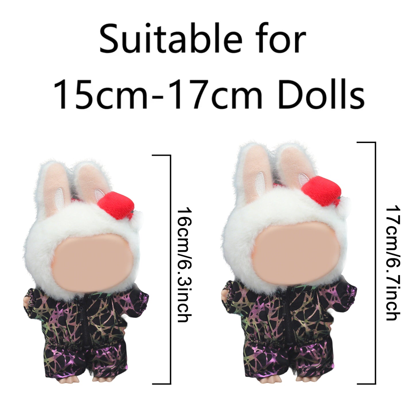 Holographic Geometric Style Clothes for Labubu Doll – Shiny 2PCS Outfit with Hat and Overalls, Futuristic Fashion for 6-7 inch Dolls