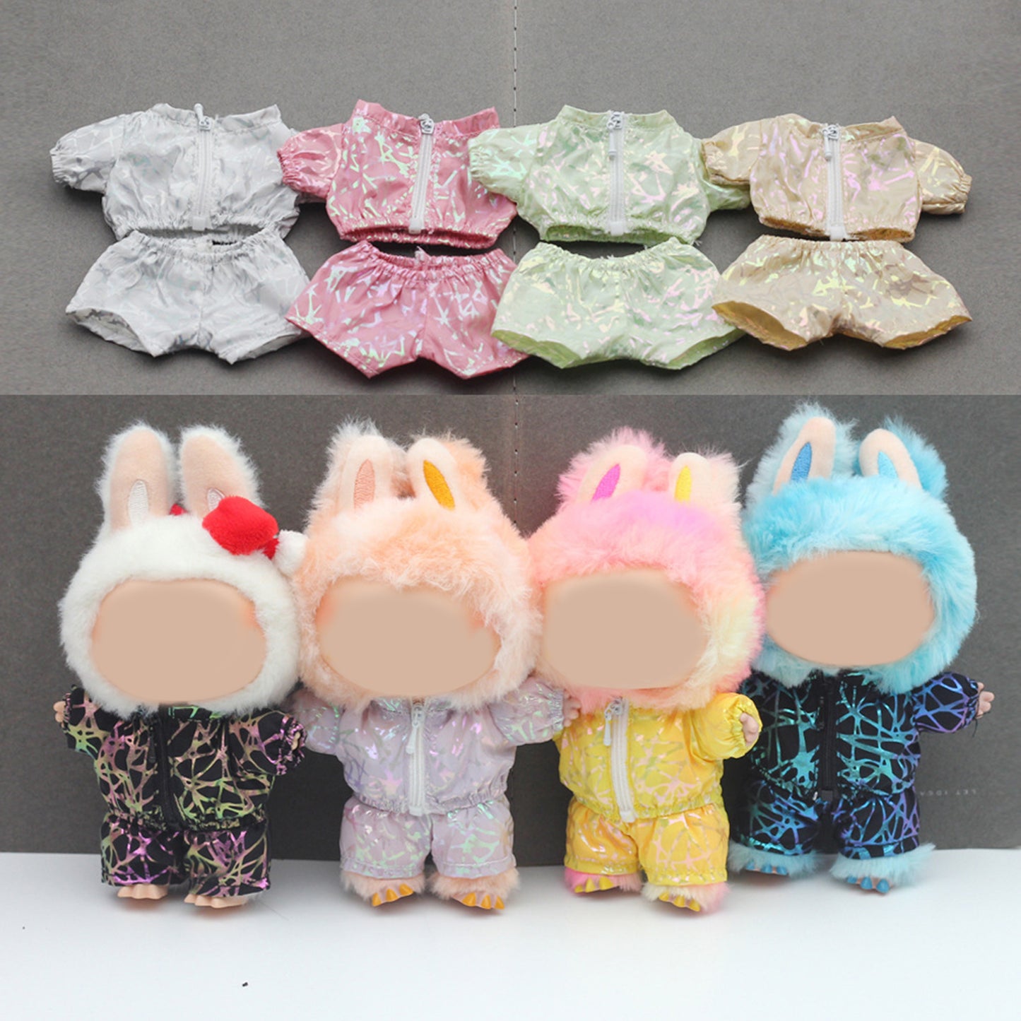 Holographic Geometric Style Clothes for Labubu Doll – Shiny 2PCS Outfit with Hat and Overalls, Futuristic Fashion for 6-7 inch Dolls