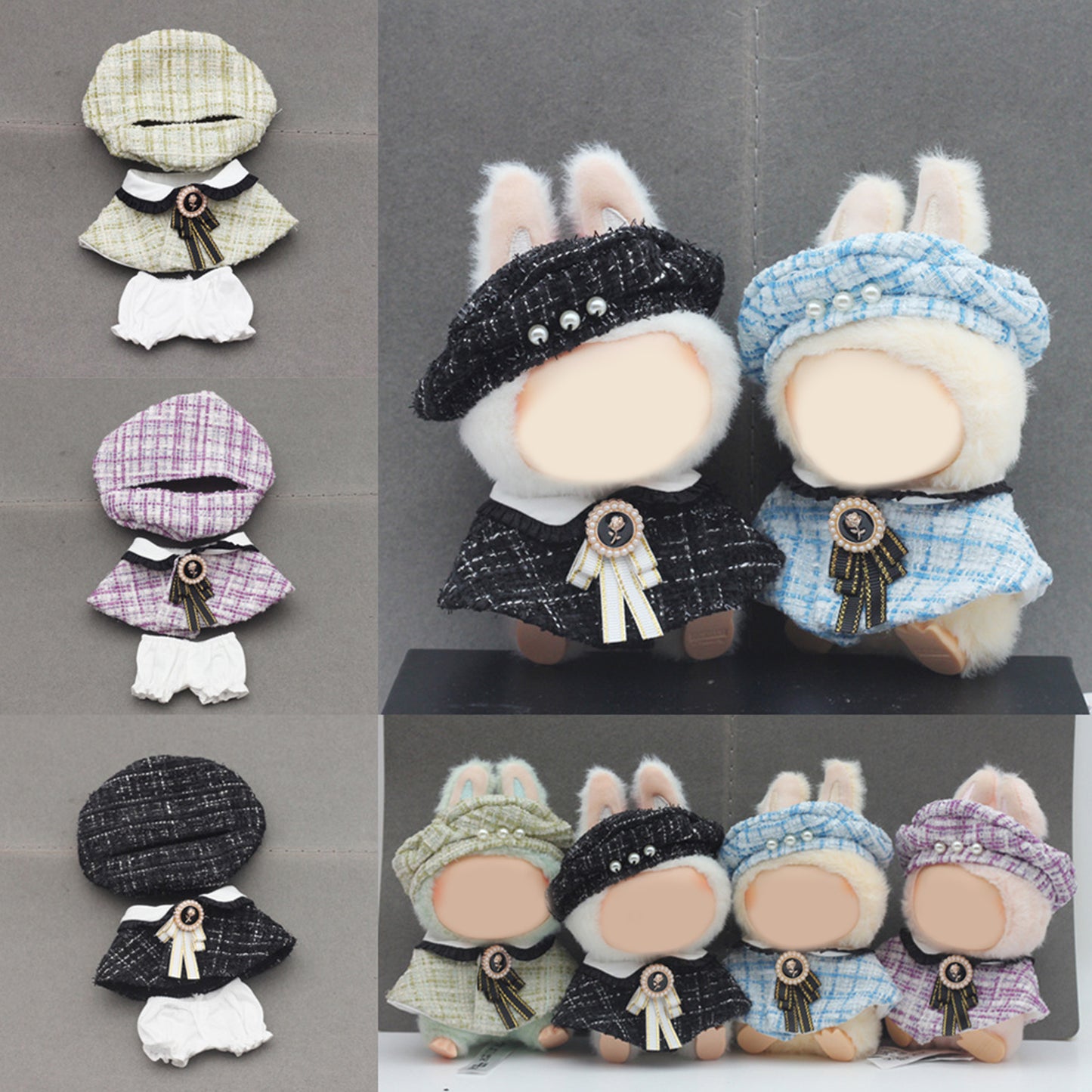 Chic Tweed Style Clothes for Labubu Doll – 3PCS Outfit Set with Hat, Jacket, and Pants, Miniature Fashion Suit for 6-7 inch Dolls