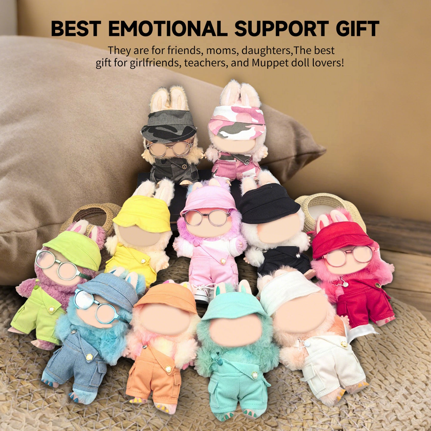 Cute Hat and Overalls Set for Labubu Doll – 2PCS Outfit with Adjustable Straps, Casual Play Clothes for 6-7 inch Dolls