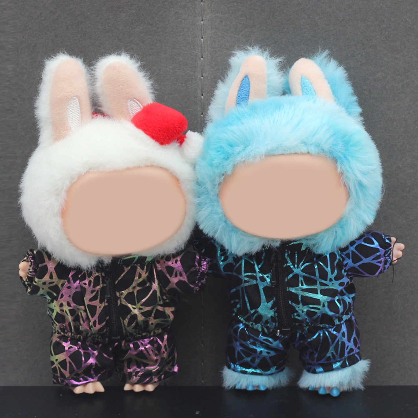 Holographic Geometric Style Clothes for Labubu Doll – Shiny 2PCS Outfit with Hat and Overalls, Futuristic Fashion for 6-7 inch Dolls