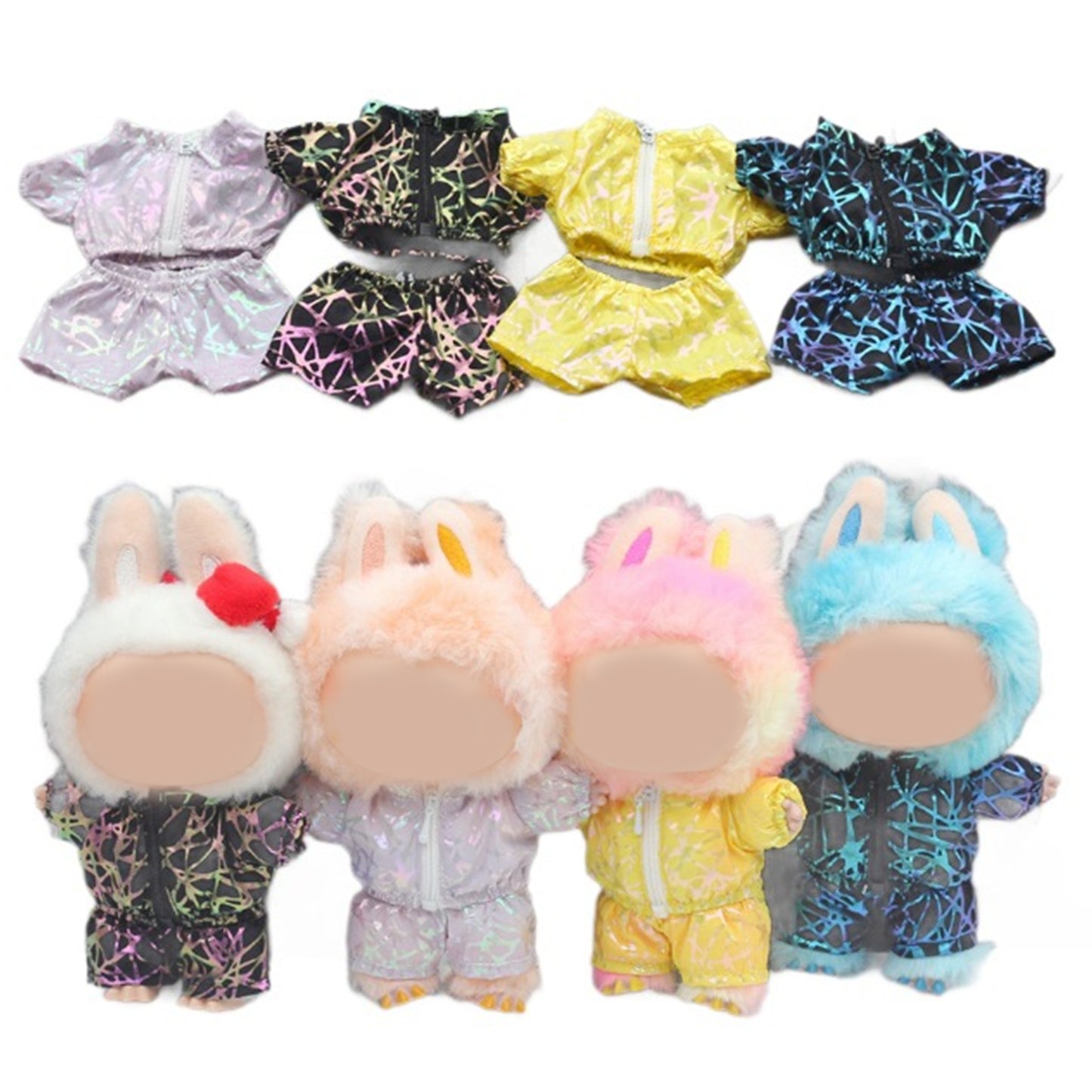Holographic Geometric Style Clothes for Labubu Doll – Shiny 2PCS Outfit with Hat and Overalls, Futuristic Fashion for 6-7 inch Dolls