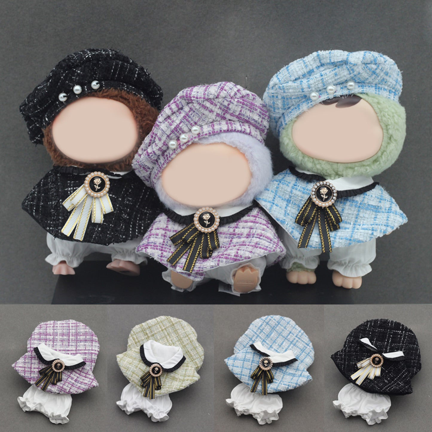 Chic Tweed Style Clothes for Labubu Doll – 3PCS Outfit Set with Hat, Jacket, and Pants, Miniature Fashion Suit for 6-7 inch Dolls
