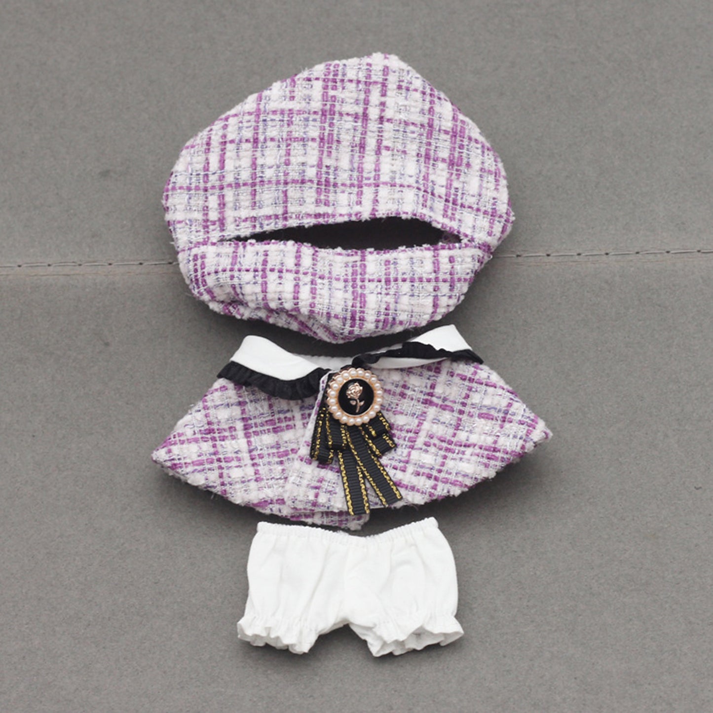 Chic Tweed Style Clothes for Labubu Doll – 3PCS Outfit Set with Hat, Jacket, and Pants, Miniature Fashion Suit for 6-7 inch Dolls