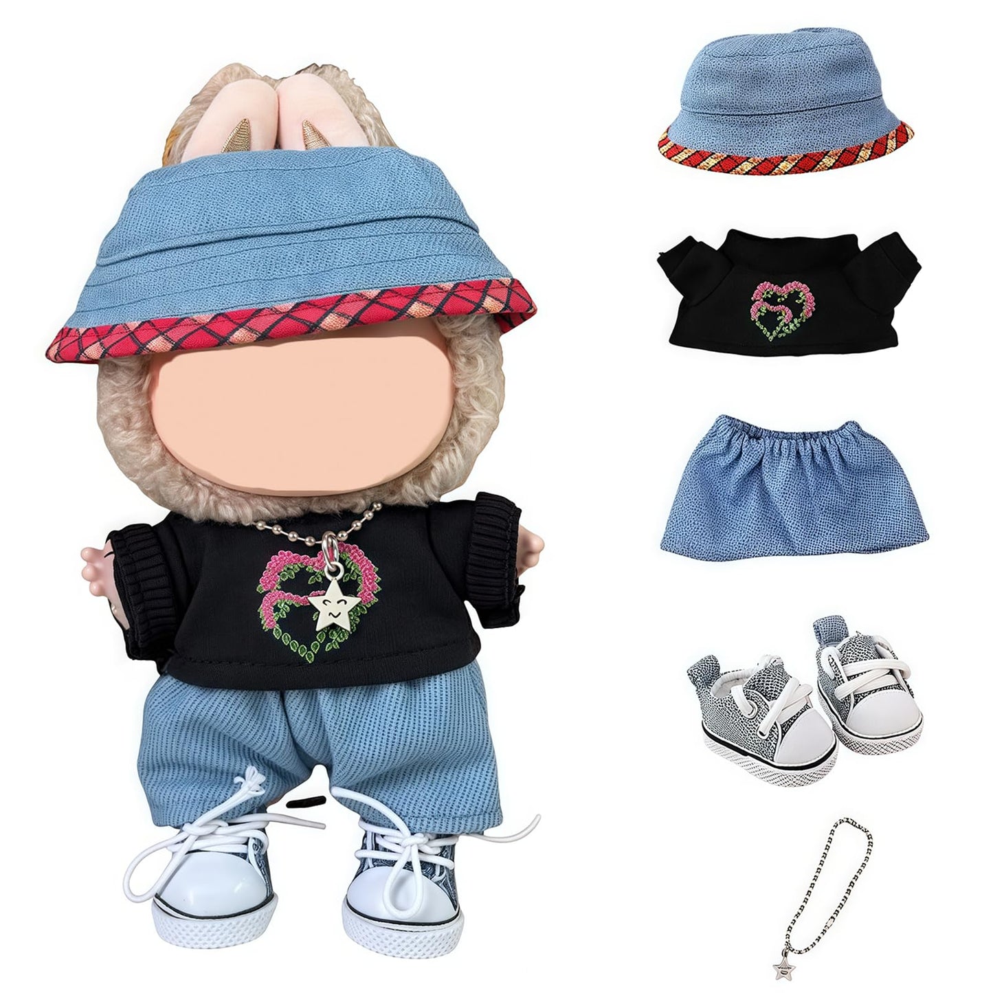 🧸 6-Piece Labubu Clothes Set – T-Shirt, Overalls, Hat, Camera, Glasses & Shoes | 17cm Labubu Doll Outfit Accessories (No Doll Included)