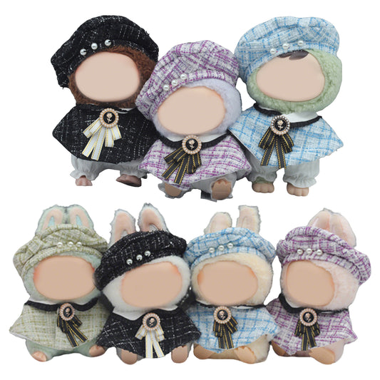 Chic Tweed Style Clothes for Labubu Doll – 3PCS Outfit Set with Hat, Jacket, and Pants, Miniature Fashion Suit for 6-7 inch Dolls