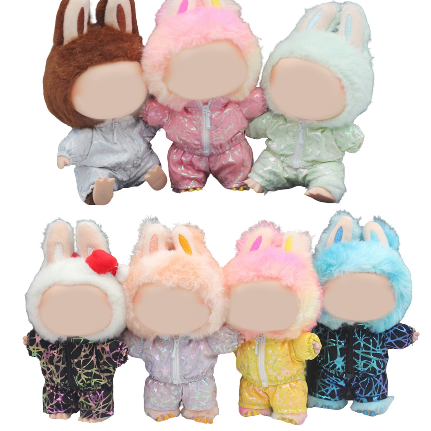 Holographic Geometric Style Clothes for Labubu Doll – Shiny 2PCS Outfit with Hat and Overalls, Futuristic Fashion for 6-7 inch Dolls