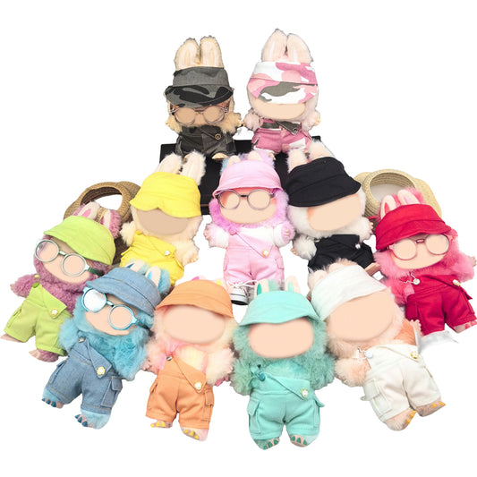 Cute Hat and Overalls Set for Labubu Doll – 2PCS Outfit with Adjustable Straps, Casual Play Clothes for 6-7 inch Dolls