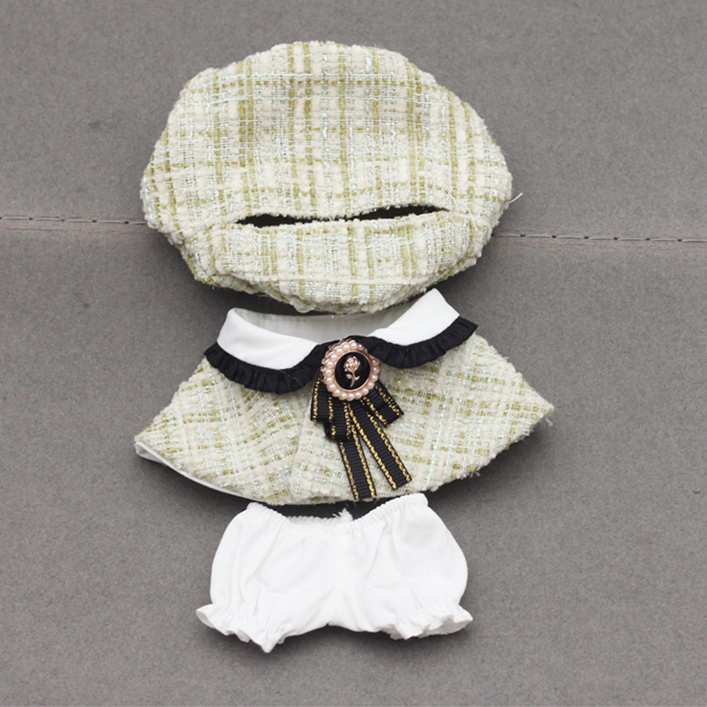 Chic Tweed Style Clothes for Labubu Doll – 3PCS Outfit Set with Hat, Jacket, and Pants, Miniature Fashion Suit for 6-7 inch Dolls