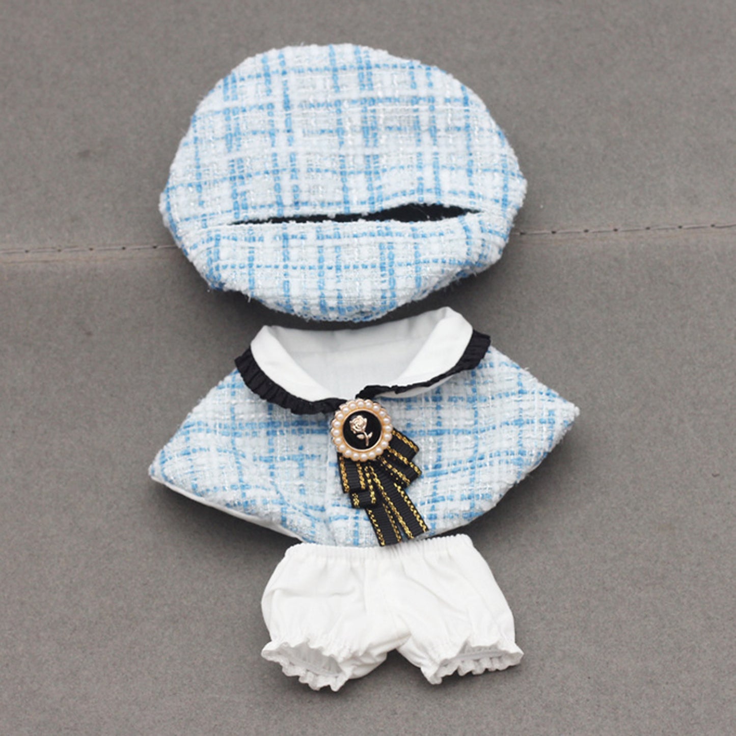 Chic Tweed Style Clothes for Labubu Doll – 3PCS Outfit Set with Hat, Jacket, and Pants, Miniature Fashion Suit for 6-7 inch Dolls