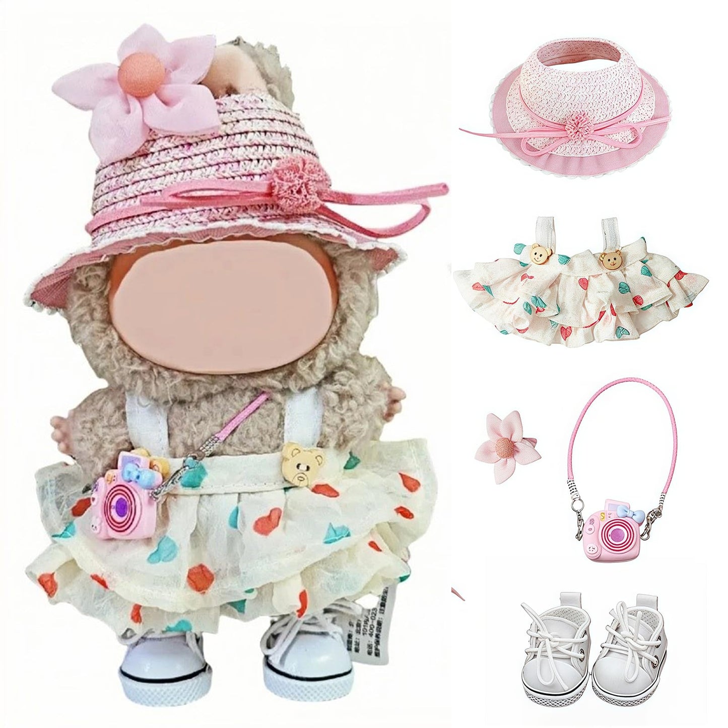 🧸 6-Piece Labubu Clothes Set – T-Shirt, Overalls, Hat, Camera, Glasses & Shoes | 17cm Labubu Doll Outfit Accessories (No Doll Included)